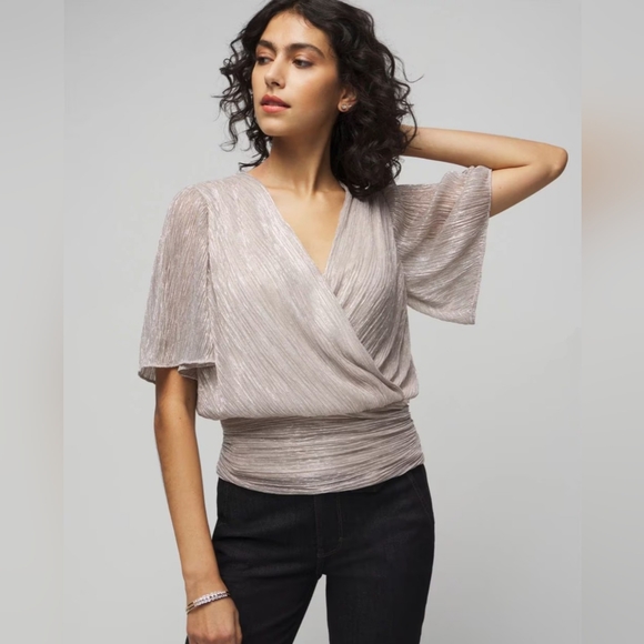 White House Black Market Tops - White House Black Market Metallic Mesh Banded Bottom Top in Lurex/Ecru, Size M